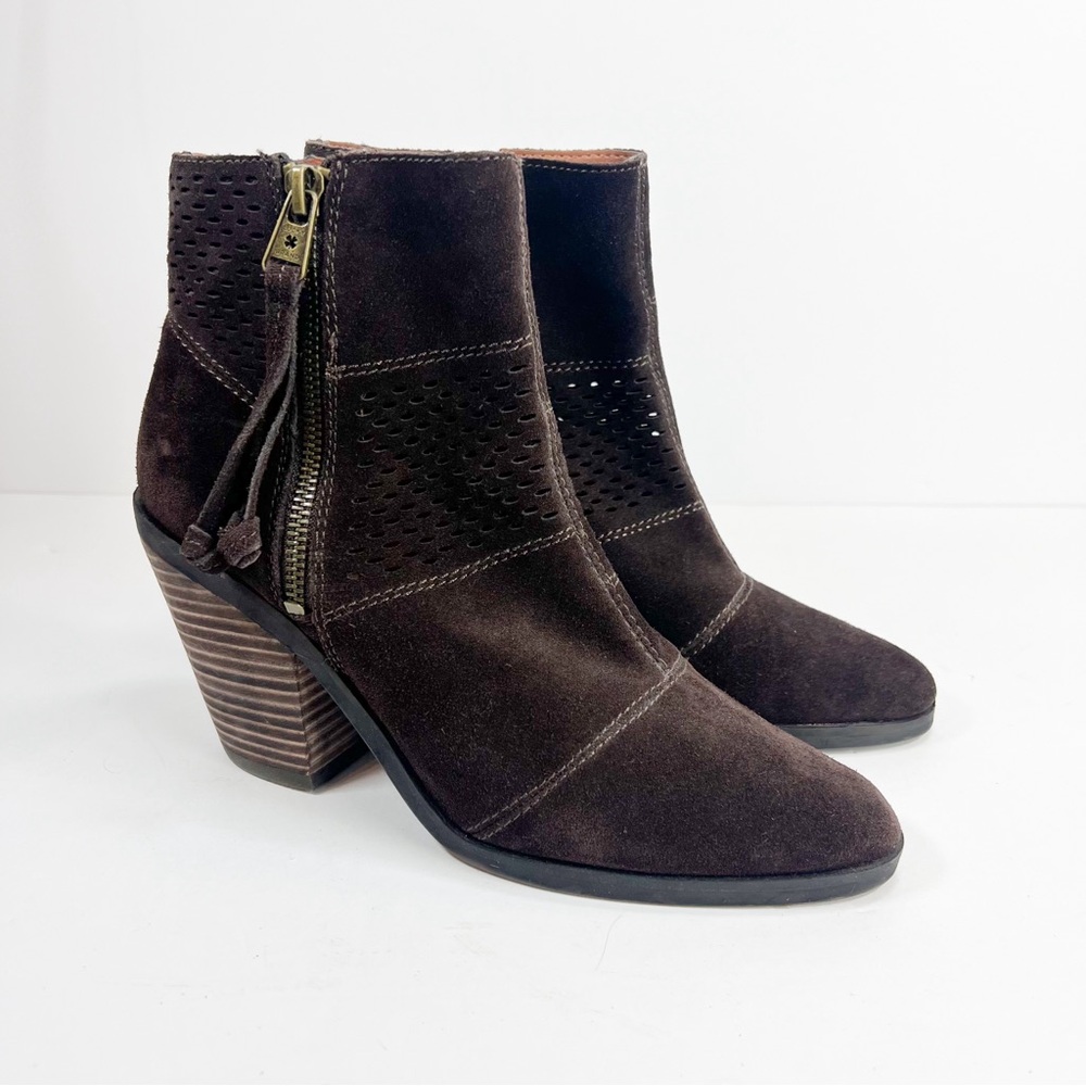 Lucky Brand Ramses Suede Ankle Bootie Brown Side Zip Perforated Womens size 7